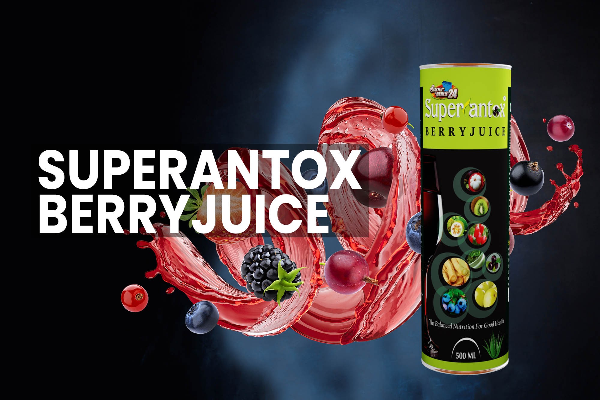 Super Antox Berry Juice bottle with vibrant label, featuring a blend of antioxidant-rich berries and fruits, promoting anti-aging and immune health